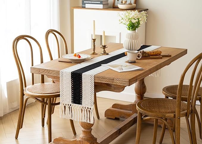 FEXIA Boho Table Runner for Home Decor with Tassels 90 Inches Long,Black Farmhouse Rustic Table Runner Macrame Burlap Table Decoration for Living Room Bridal Shower(12x90 Inches)