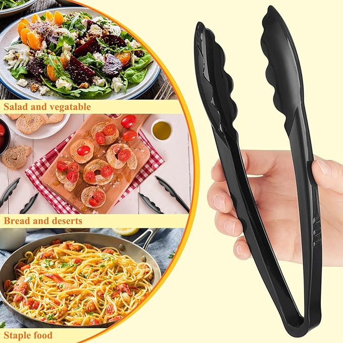 Tessco for you 25 Pcs Plastic Tongs for Serving Bulk, 9 Inch Plastic Disposable Serving Tongs Heavy Duty Salad Utensils for Kitchen Buffets BBQ Events Catering (Black)