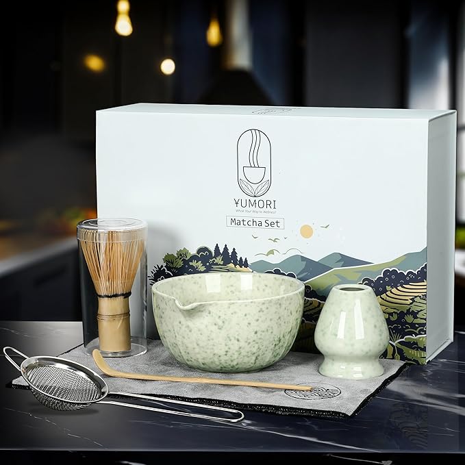 6 Pcs Matcha Whisk Set | Matcha kit with Mottled Green Bowl, Bamboo Whisk, Scoop, Sifter, Holder for whisk & Cleaning Cloth, Traditional Matcha Set in Magnetic Gift Box