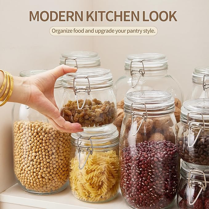 ODBCYWM 10oz Glass Food Storage Jars with Airtight Lids, Set of 8 – Clear Preserving Seal Wire Clip Fastening Canisters for Kitchen Canning, Flour, Cereal, Pasta, Sugar, Beans, Pickling Jars (10oz×8)