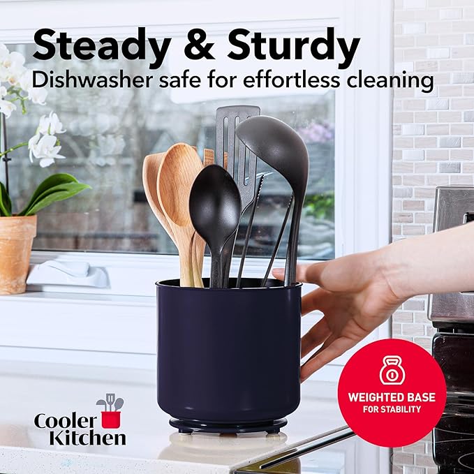 Cooler Kitchen Jumbo Plastic Rotating Extra Large Utensil Holder Crock with No-Tip Weighted Base, Removable Divider, and Gripped Insert - Kitchen Utensil Holder for Kitchen Counter: Blue Utensil Caddy