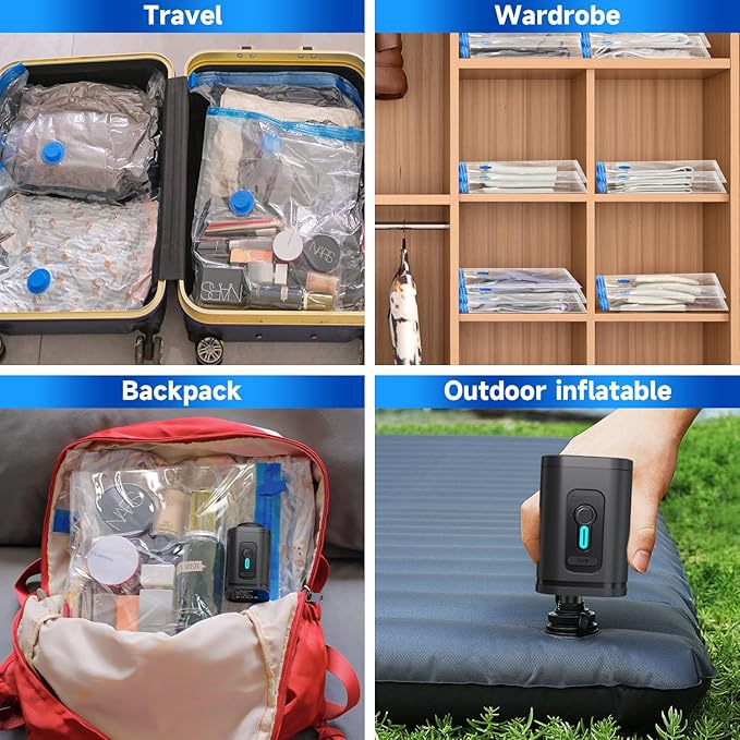 Travel Vacuum Storage Bags Combo Portable Wireless Electric Pump,12 Pack Compression Bags for Travel,Space Saver Vacuum Storage Bags for Clothing and Luggage