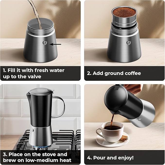 Stovetop Espresso Maker, Stainless Steel Moka Pot 6 Cup Espresso Maker (12 fl oz), Italian Coffee Pot, Compatible with Gas, Electric and Induction, Black & Silver Finish