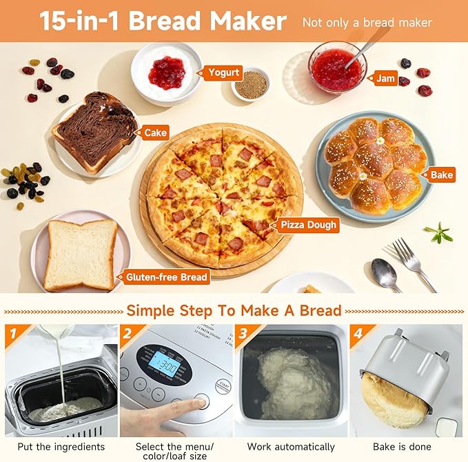 Davivy Bread Maker Machine with 2 Dough Kneading Paddles,15-in-1 Automatic Large Capacity Bread Machine Nonstick Bowl For Bread, Jam& Yogurt, 3 Loaf Sizes and 3 Crust Settings