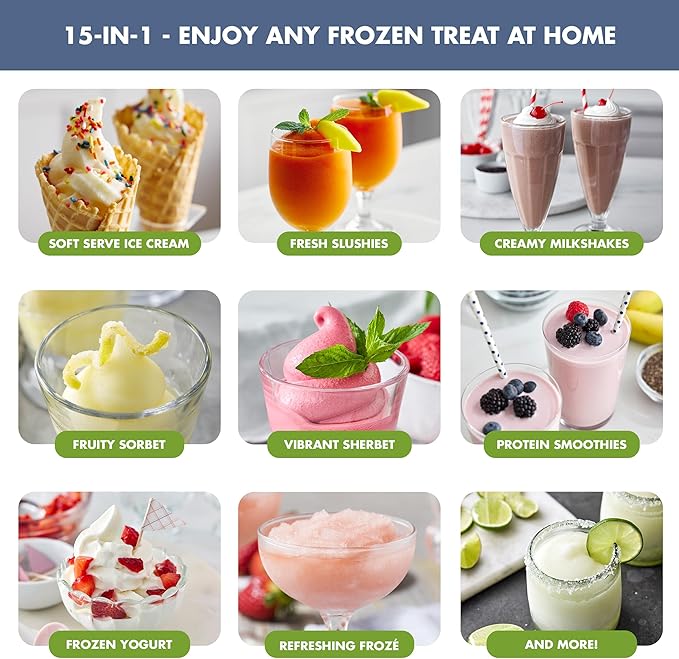 GreenPan Frost Ice Cream Maker & Slushie Machine, Soft Serve, Sorbet, Margaritas, Milkshakes, Frozen Yogurt, No Pre-Freezing, Ready in 15 Mins, 6 Modes, 7 Textures, Self-Cleaning, Family Size, Blue