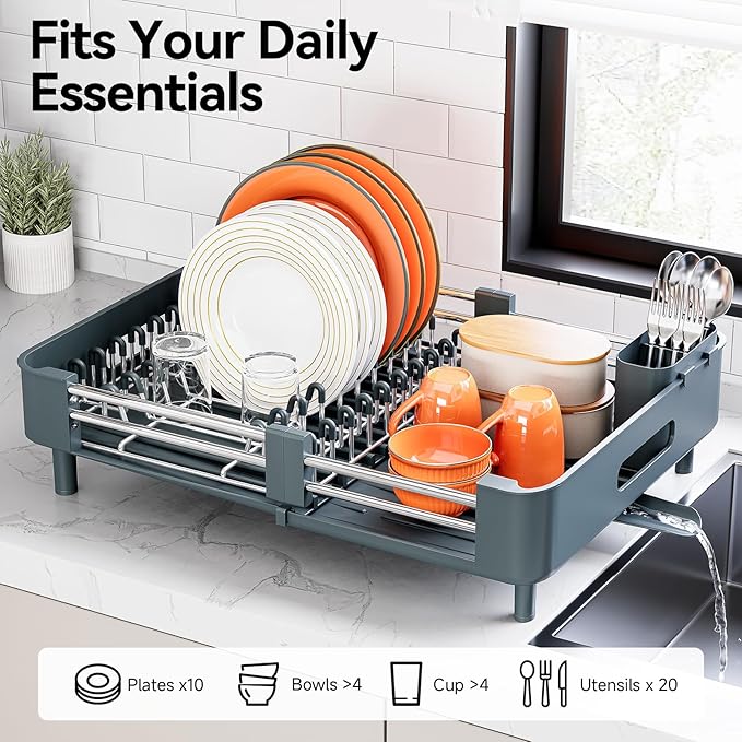 Urackify Stainless Steel Dish Drying Rack - Dish Drainer for Kitchen Counter, Extendable Drainboard with Foldable, Space-Saving Cup & Bowl Organizer, Includes Knife and Utensil Holder, Matte-Green