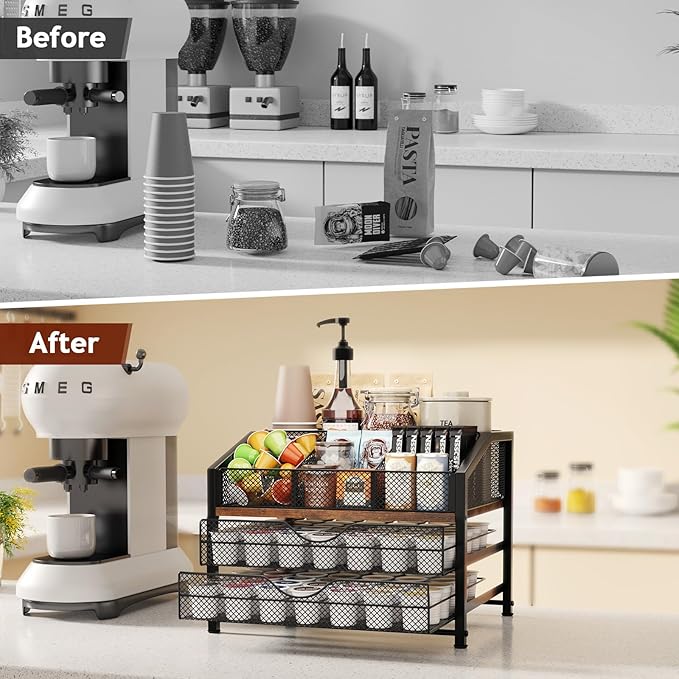 Homsorout Coffee Bar Organizer - Coffee Station for Countertop, Metal and Wood K Cup holder Storage Basket for Coffee Pods, Syrup, Cups, Stirrer, Coffee Condiment, Tea Organizer, Black and Brown