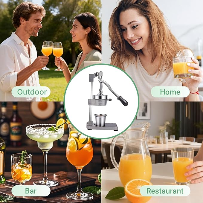Cast Iron Juicer, 17"Tall & Sturdy Flat Base | Heavy-Duty Manual Hand Press Juicer For Orange Lemon Lime Pomegranate & Citrus, Orange Squeezer, Stainless Steel Cup, Easy to Clean, Silver Gray