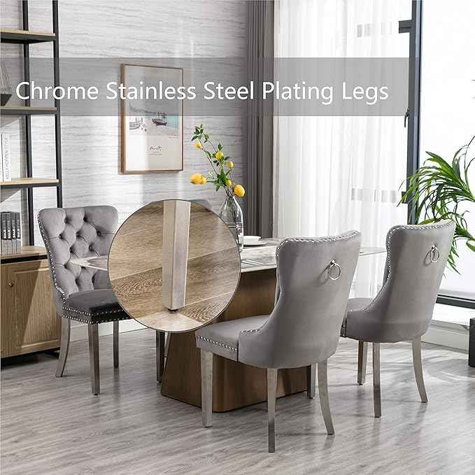 Dining Room Chairs Set of 4, Velvet Upholstered Dining Chairs with Back Ring Pull Trim and Sliver Stainless Steel Legs,Modern Dining Chair Perfect for Dining Room,Kitchen(Grey)