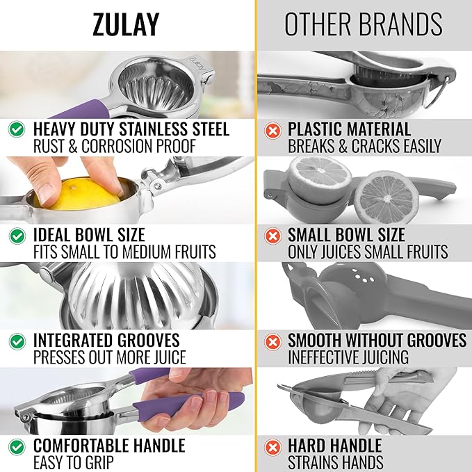 Zulay Kitchen Lemon Squeezer Stainless Steel with Premium Heavy Duty Solid Metal Squeezer Bowl and Food Grade Silicone Handles - Large Manual Citrus Press Juicer and SS Lime Squeezer (Purple)
