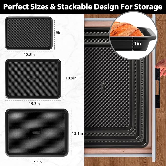 3 Pack Baking Sheet Pan Set, 0.8mm Thick Nonstick Cookie Sheets for Oven, Half/Quarter/Jelly Roll Pans for Oven, Heavy Duty Baking Trays for Oven with Diamond Texture