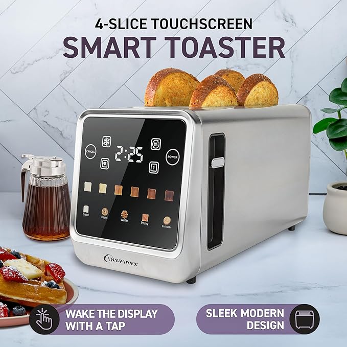 Inspirex Touch Screen Toaster - 4 Slice Long Extra-Wide Slots - 5 Bread Type and 6 Browning Levels - Defrost, Reheat, Favorite, Single Slot Settings - Stainless Steel