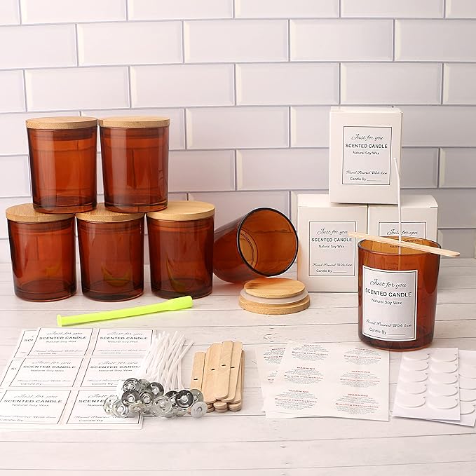 MILIVIXAY 12 pcs 10 OZ Amber Glass Candle Jars with Lids and Candle Making Kits - Bulk Empty Candle Jars for Making Candles - Spice, Powder Containers.