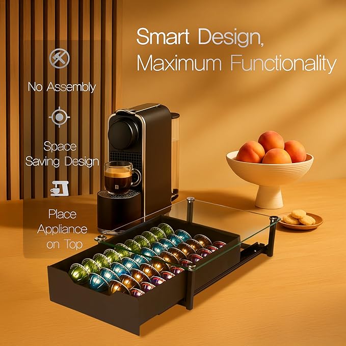 Coffee Pod Holder with Rail Drawer Compatible with Nespresso Vertuoline and K-cups Capsule - 40 Pods Capacity Tempered Glass and Anti-Slip Base Metal Coffee Pods Organizer 16.14x11.81x3.94