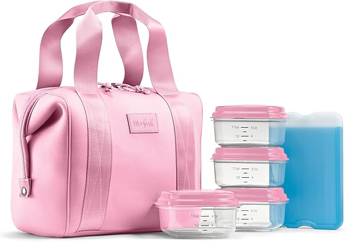 Fit & Fresh Remi Neoprene Lunch Bag For Women - Meal Prep Kit with Containers & XL Ice Pack, Self Insulating Neoprene-like Material, Machine Washable Lunch Bag, Tear-Resistant, Stain-Resistant, Pink