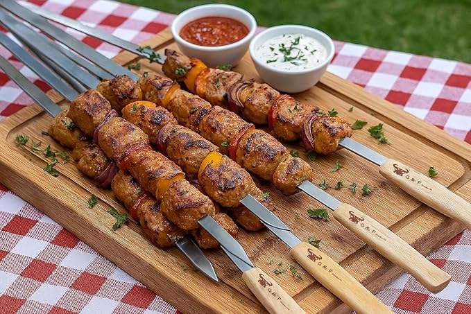 G & F Products Brazilian BBQ Skewers 16 Piece Set Stainless Steel Kabob Sticks 17-Inch Flat Blade with Hardwood Handles Reusable Commercial Grade for Grilling Meat Kebab and Outdoor Cooking