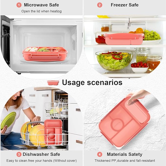 Amathley Bento Box Adult Lunch Box Kids,Lunch Containers for Adults/Kids/Toddler,5 Compartments Bento Lunch Box with Sauce Vontainers,Microwave & Dishwasher & Freezer Safe,BPA-Free (Pink)