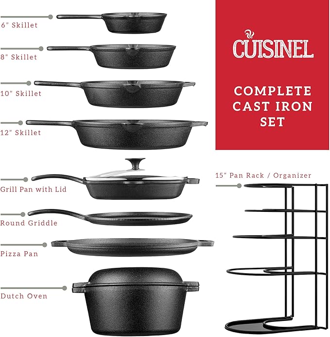Cast Iron Cookware 18-Piece Set - Pre-Seasoned 6" + 8" + 10" + 12" Skillet + Grill Pan+Lid + Griddle + Pizza Pan + Dutch Oven+Cover/Pan + Panrack + Silicone Handle Cover + Pan Scraper/Cleaner