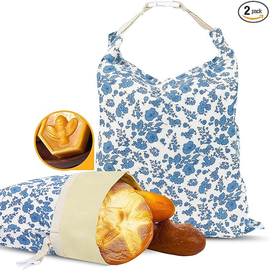 2 Pack Beeswax Bread Bags - 17x13 Inch Reusable Bread Storage Bags,Bees Wax Lined Bread Bags for Home Cooks fresh bread storage Easy Clean (Blue Floral)
