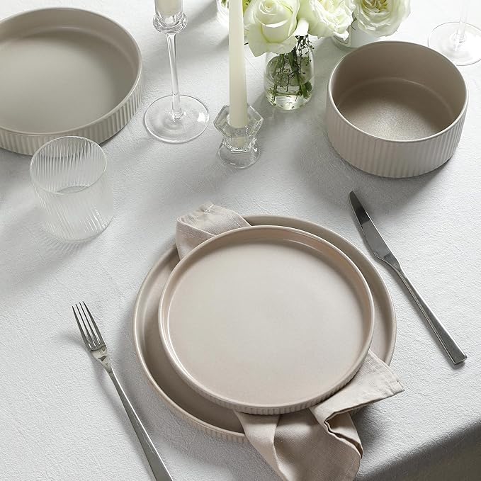 Stone Lain Haven Stoneware 32-Piece Dinnerware Set, Plates and Bowls Sets for 8, Dish Set, Includes Dinner and Salad Plates, Cereal Bowls, Glassware, Microwave & Dishwasher Safe, Beige