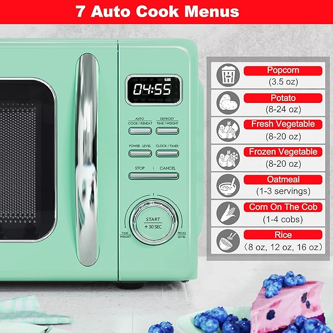 Galanz GLCMKZ11GNR10 Retro Countertop Microwave Oven with Auto Cook & Reheat, Defrost, Quick Start Functions, Easy Clean with Glass Turntable, Pull Handle, 1.1 cu ft, Green