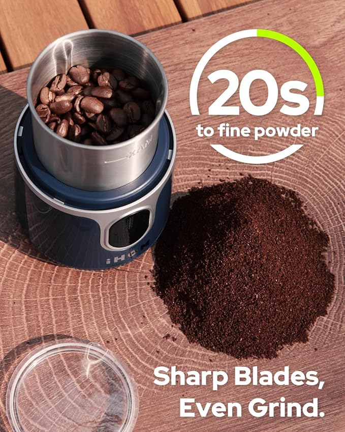 Cordless Coffee Grinder Electric - USB Rechargeable, 304 Stainless Steel Blade, 85 Grinds Per Charge, for Espresso, Spices, Home, Travel, Camping - Blue