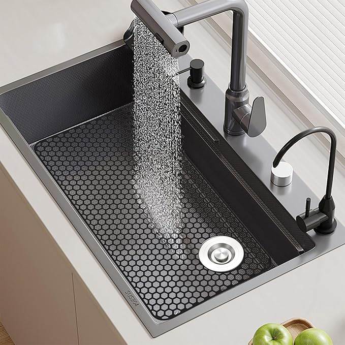 Silicone Sink Mat, 28.62"x 14.76" Heat-resistant Sink Protectors, Drying Mats for Kitchen of Bottom Farmhouse Porcelain Stainless Steel, Kitchen Accessory, Right & Left Drain（Grey）
