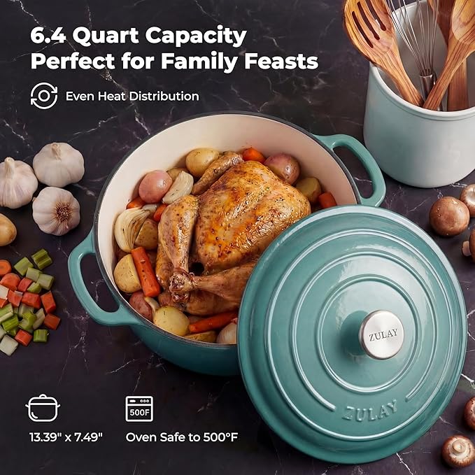 Zulay Kitchen 6 Quart Enameled Cast Iron Dutch Oven Pot with Lid – Premium Durability & Oven Safe up to 500°F – Heavy Duty Cookware Perfect for Bread Baking, Stews, Braising & Roasting - Aventurine