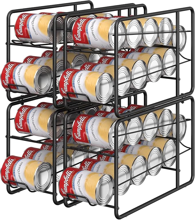 MOOACE 4 Pack Can Dispenser Rack, Stackable Soda Can Organizer Holder for Canned Food Storage Kitchen Cabinet Pantry Countertop, Black