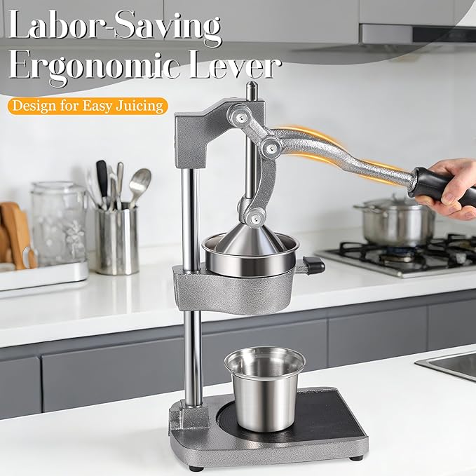 Cast Iron Manual Juicer Hand Press, Lemon Squeezer, Commercial-Grade Citrus Press Suitable for Oranges, Lemons, Limes, and Pomegranates Easy to Clean Includes Stainless Steel Cup, Gray