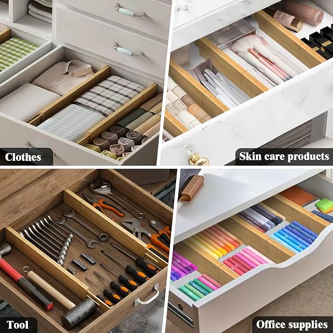 Bamboo Drawer Dividers,12-21" Adjustable Drawer Organizers for Clothes,Expandable Dresser Separators in Kitchen/Bedroom/Bathroom/Vanity/Office Organization and Storage,8-Pack