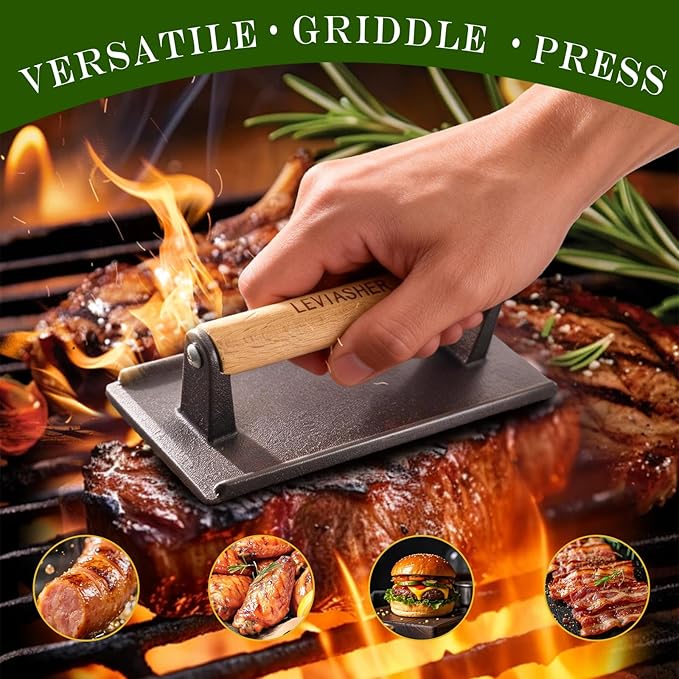 2.2 lb Heavy Duty Cast Iron Grill Press, 6.69 in Round 7.8X3.9in Rectangle Burger Press with Wood Handle for Blackstone, Griddle, Chef, Camp, Panini, Vegetable, Bacon, Sandwich, BBQ