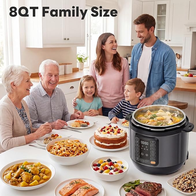 DUMOS Electric Pressure Cooker 16-in-1, 8QT Programmable Multi Cooker with 12 One-Touch Presets, Soup Steam Yogurt and More, Ceramic Inner Pot Delay Start & Keep Warm, Includes Recipe Guide, Black