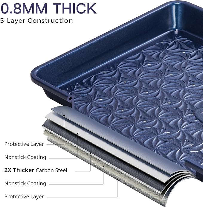 HONGBAKE Nonstick Baking Sheet Pan Set of 3, Cookie Sheets for Oven, Non-Toxic Half/Quarter/Jelly Roll Pans with Floral Swirl Texture, Heavy Duty 0.8mm Thick Oven Trays for Cooking, Blue