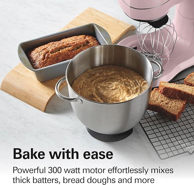 Hamilton Beach Electric Stand Mixer, 4 Quarts, Dough Hook, Flat Beater Attachments, Splash Guard, 7 Speeds with Whisk, Easy-Carry Top Handle, Pink