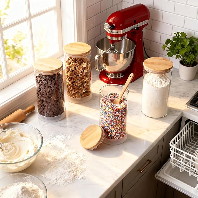 TBWIND 53oz Round Glass Storage Containers with Bamboo Lids – 4 Pack Large Airtight Glass Jars for Pantry Organization, Kitchen Dry Food, Flour, Cereal, Coffee Beans & Staples