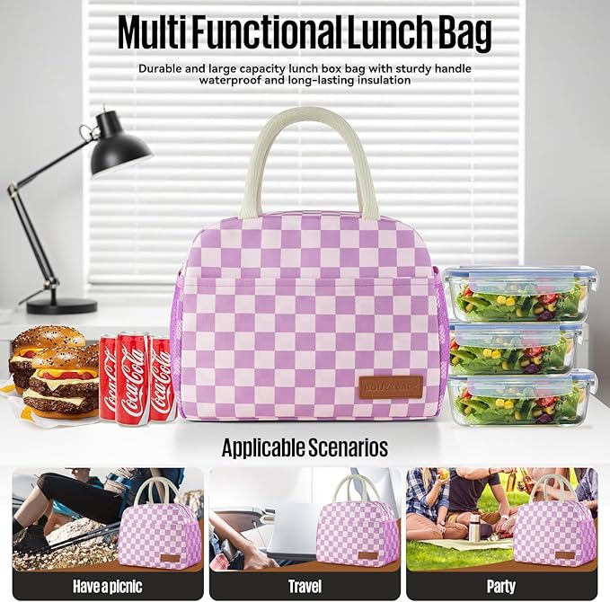 douyadady Lunch Bag Women/Men Lunch Box Women/Men (Purple+Pink Checkerboard)