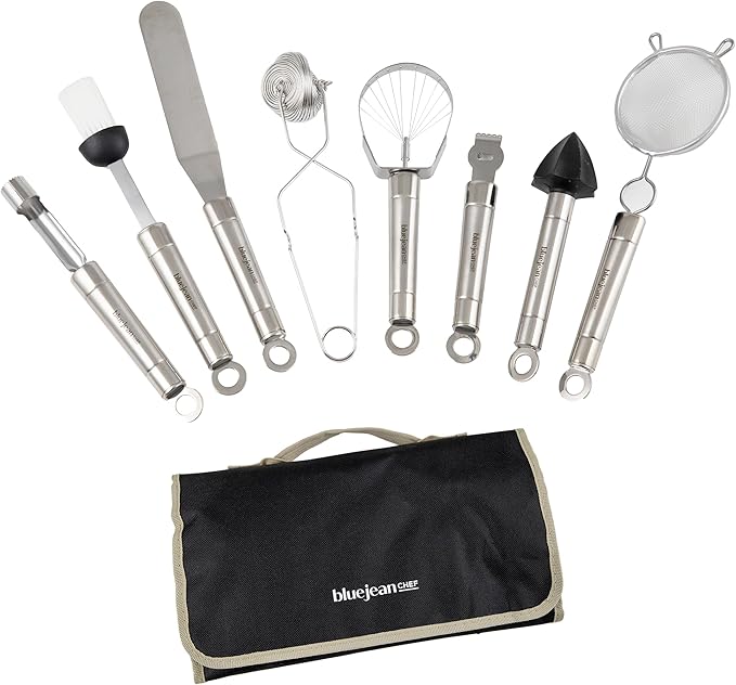 The Blue Jean Chef 8-Piece Kitchen Tool and Gadget Set, Stainless-Steel Kitchen Tools with Storage Pouch, Dishwasher Safe
