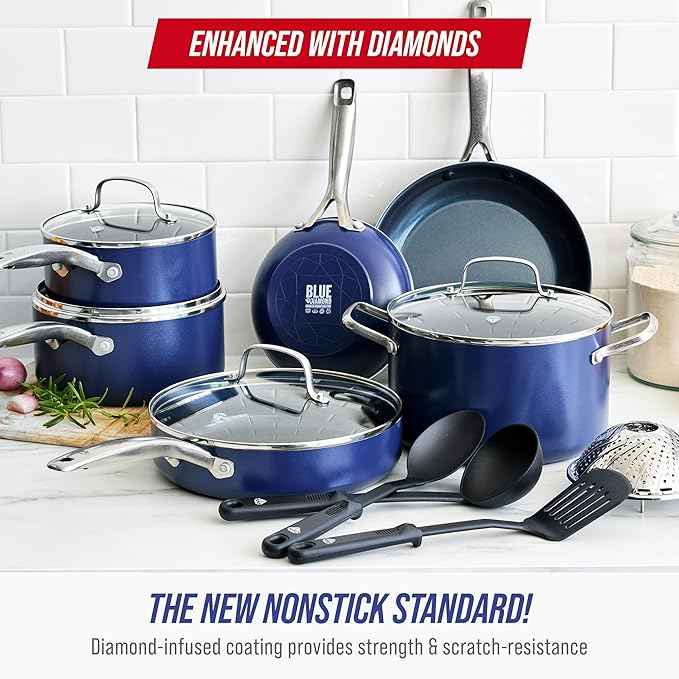 Blue Diamond 14 Piece Cookware Set, Diamond Infused PFAS & PFOA-Free Ceramic Nonstick Pots and Pans, Durable, Non Toxic, Metal Utensil Safe & Scratch Resistant, Dishwasher & Oven Safe, Blue