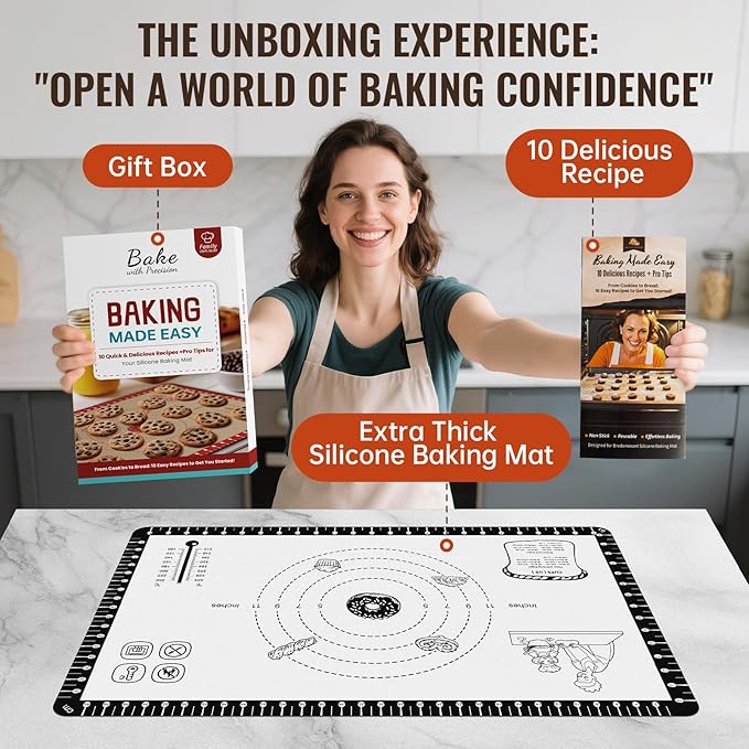 Silicone Baking Mat with 10 Recipes, Extra Thick Silicone Mats for Baking, Non Stick Pastry Mat,Reusable kneading Dough Rolling Mat for Cookie, Macaron, Bread, Pizza Black 26X16 INCH