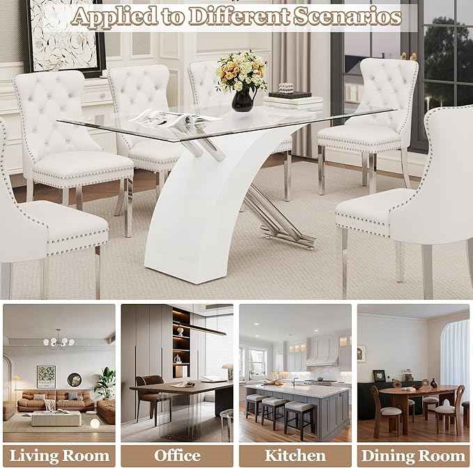 7 Piece Glass Dining Table Set for 6, 63" Modern Kitchen Table with 6 White Velvet Chairs, Tempered Glass Tabletop with White X-Shaped MDF Base, Modern Dining Room Set for Kitchen and Dining Room