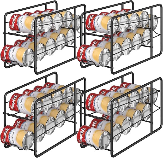 MOOACE 4 Pack Can Dispenser Rack, Stackable Soda Can Organizer Holder for Canned Food Storage Kitchen Cabinet Pantry Countertop, Black