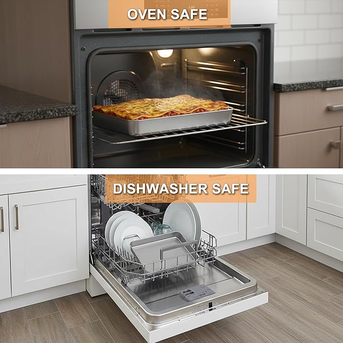 E-far Baking Pans Set of 2, 12.4” x 9.6” x 2” Stainless Steel Rectangular Cake Pans, Baking Sheet Pan for Lasagna Brownies Casseroles, Non-toxic & Healthy, Dishwasher Safe