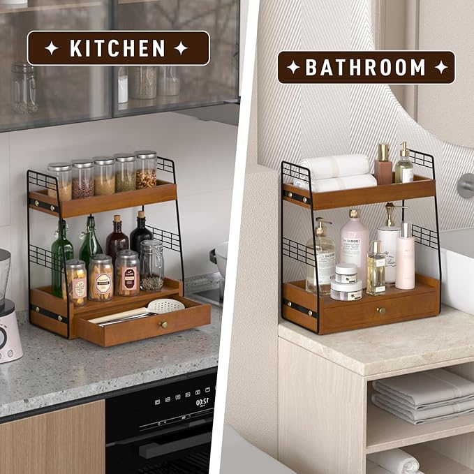 Coffee Bar Station Organizer with Built-In Drawer, 2-Tier Countertop Shelf for Tea Bags, Coffee Accessories, Syrup Bottles (Walnut)