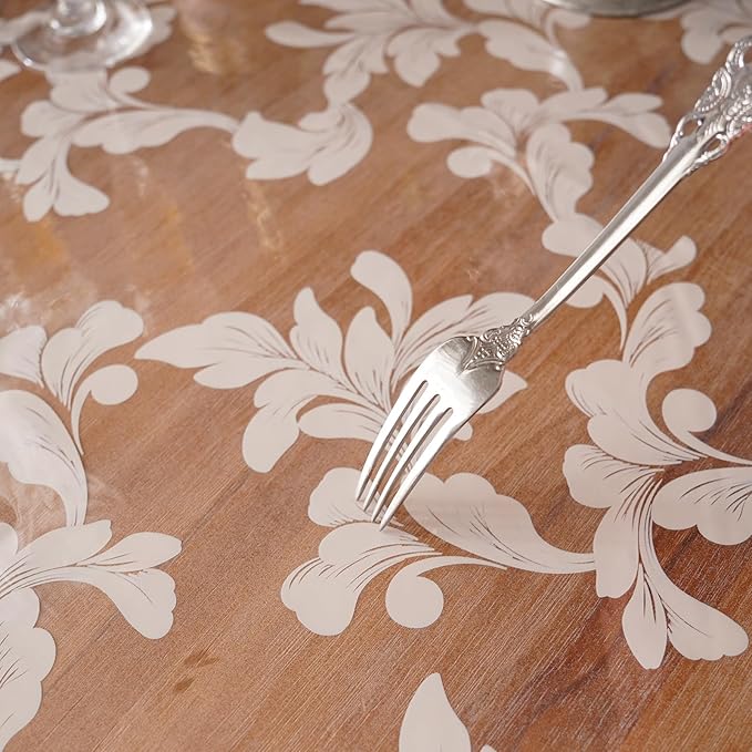 Waterproof Clear Table Cover Protector Vinyl Rectangle Table Cloth Oil Spill Proof Wipe Clean Plastic Tablecloths for Dining Tables (Scroll Grass, 60 x 104 Inches)