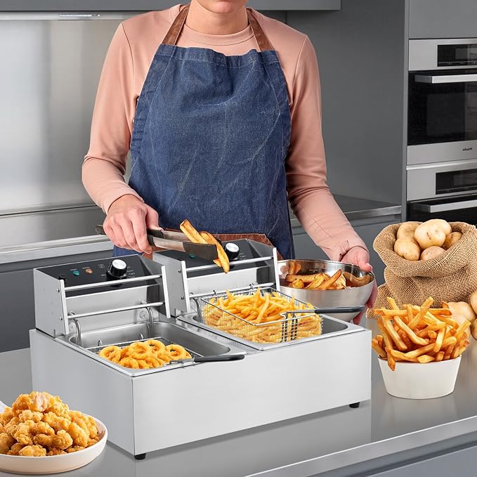 Commercial Electric Deep Fryer, 6L x 2 Dual Tank Stainless Steel Deep Fryer with Frying Basket & Lid, Countertop Fryer for Home Kitchen and Restaurant, 3600W, 110V