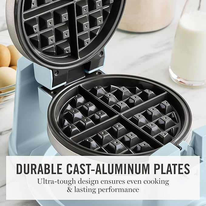 Martha Stewart Rotating Waffle Maker, 180° Flip Iron with PFAS-Free Nonstick Plates, Adjustable Timer, Ready Light, Drip Tray, Space Saving, Classic Round 7”, Easy to Clean, Stainless Steel, Sky Blue