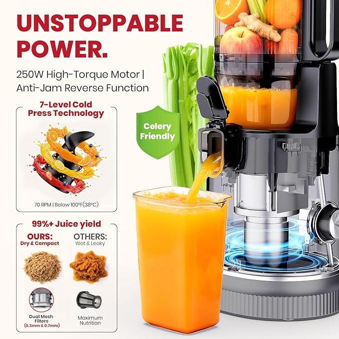 LAUDLIFE Cold Press Juicer Machine, 5.9" Wide Feed Chute Juice Extractor, 80 oz Large Hopper, Easy to Clean & High Juice Yield, BPA Free, Slow Masticating Juicer for Whole Fruits & Vegetables