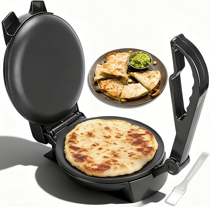 FineMade Compact Roti Maker, 8'' Electric Tortilla Maker Machine, Maquina Para Hacer Tortillas, Crepe Maker,Electric Tortilla Press, Prensa Para Tortillas, Recipe Included, Black