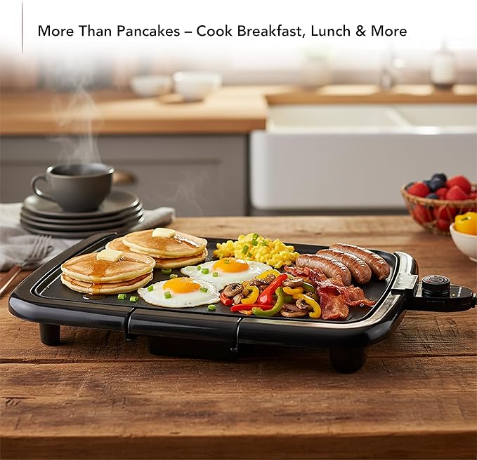 OVENTE Electric Griddle with 16 x 10 Inch Flat Non-Stick Cooking Surface, Removable and Adjustable Temperature Control, Indoor Grill for Instant Breakfast, Pancakes, Eggs or Burgers, Black GD1610B